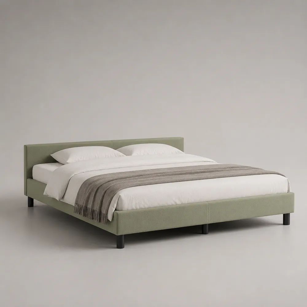 Polsterbett-Doppelbett mit Kopfteil aus Polyester, Salbeigrün/Schwarz, Liegefläche 180 × 200 cm, Gesamtmaß 190 × 215 × 90 cm