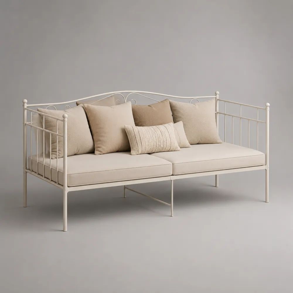 Tagesbett mit Kissenset und Stahlrahmen, Cremeweiß/Beige, Liegefläche 90 × 200 cm, Gesamtmaß 208 × 98 × 96 cm