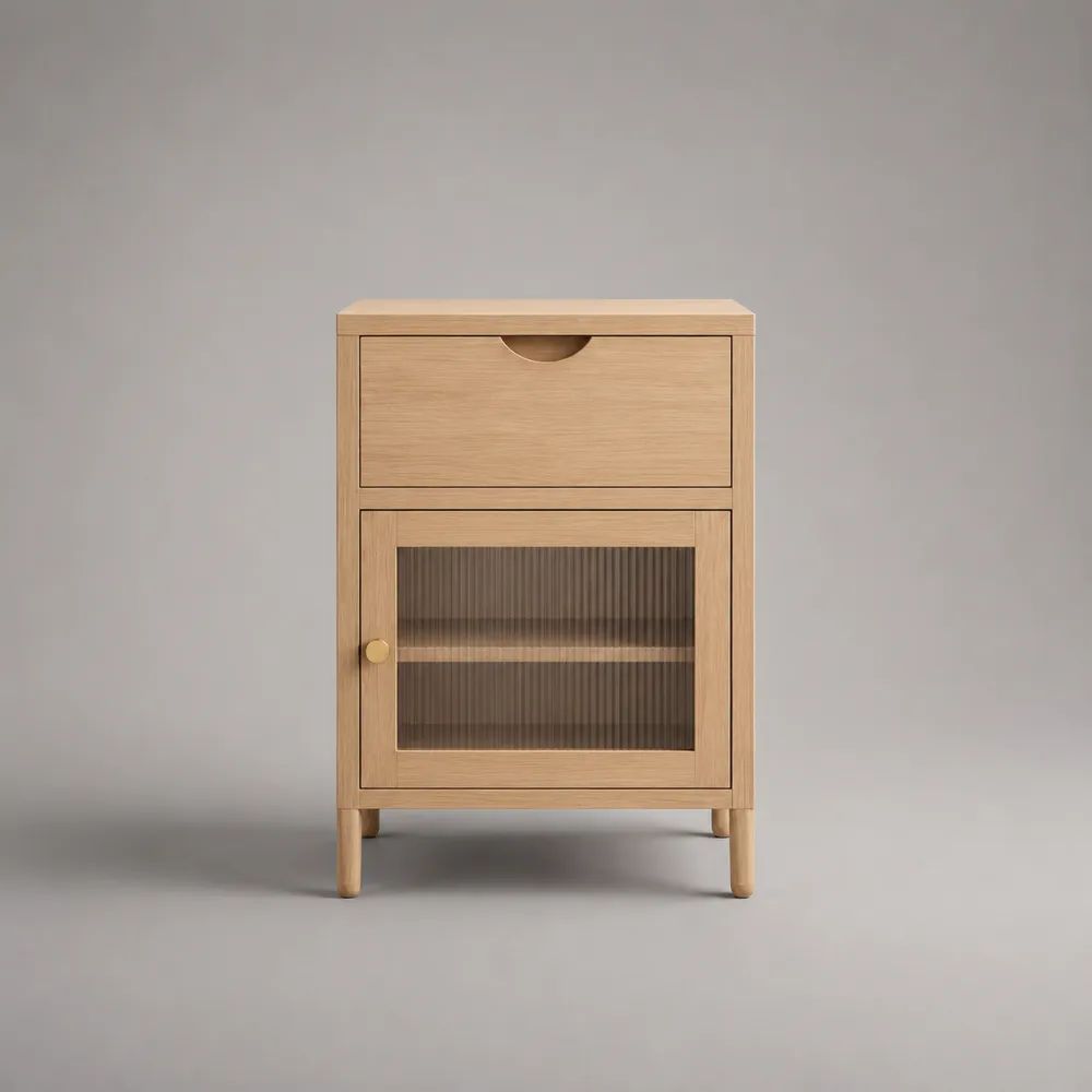 Rechteckiger Nachttisch aus MDF mit Eichenfurnier, Schublade und Glastür, Natur, 40 × 35 × 60 cm