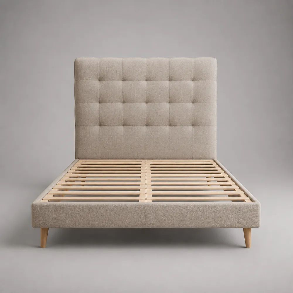 Polsterbett 140 x 200 cm mit Lattenrost, Stoffbezug, Beige/Natur, Gesamtmaß 210 x 149 x 120 cm