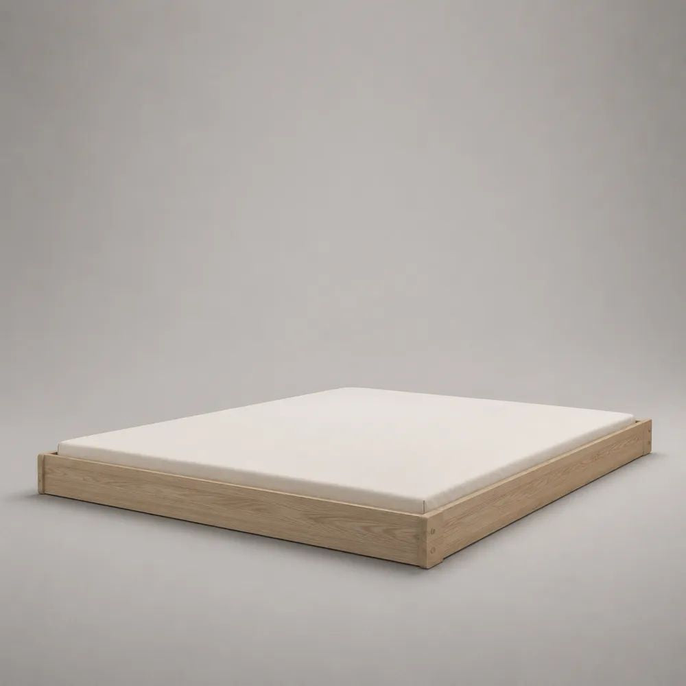 Bodenbett aus Holz mit Matratze und Lattenrost, 180 × 200 cm, Natur/Weiß