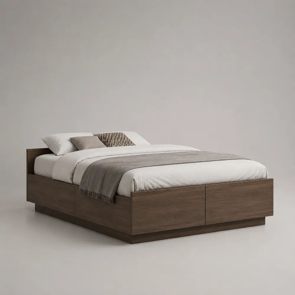Stauraumbett 160 × 200 cm aus MDF mit Walnussfurnier, 208 × 168 × 78 cm, Dunkelbraun