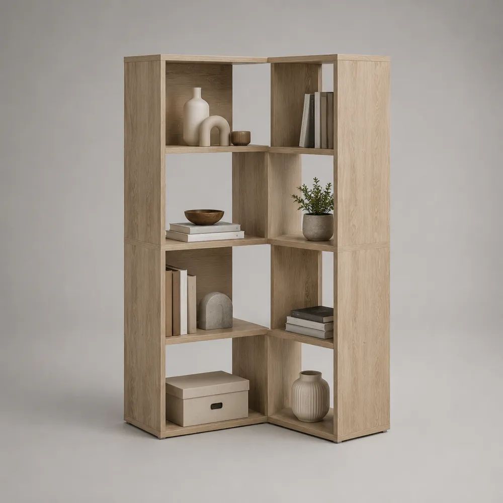 2-teiliges L-förmiges Eckregal und Bücherregal aus Holz, Eiche Natur, 90 × 90 × 180 cm