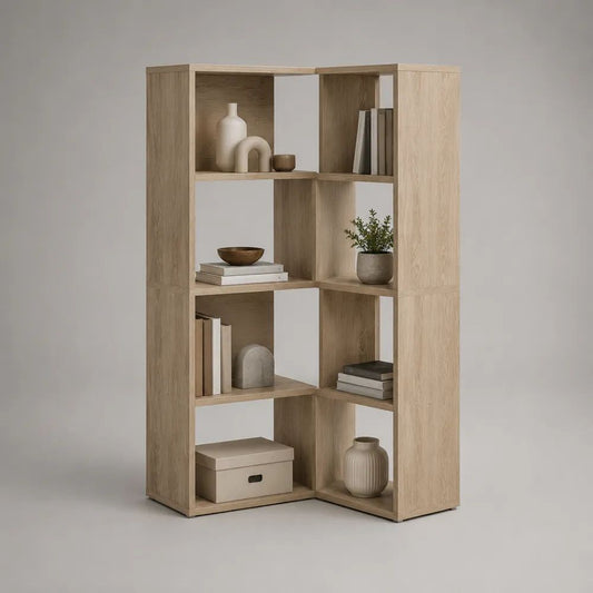 2-teiliges L-förmiges Eckregal und Bücherregal aus Holz, Eiche Natur, 90 × 90 × 180 cm