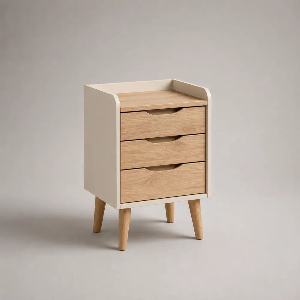 Nachttisch mit 3 Schubladen aus MDF mit Eichenfurnier, Weiß/Eiche Natur, 45 × 35 × 68 cm