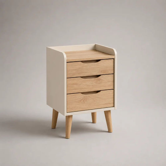 Nachttisch mit 3 Schubladen aus MDF mit Eichenfurnier, Weiß/Eiche Natur, 45 × 35 × 68 cm