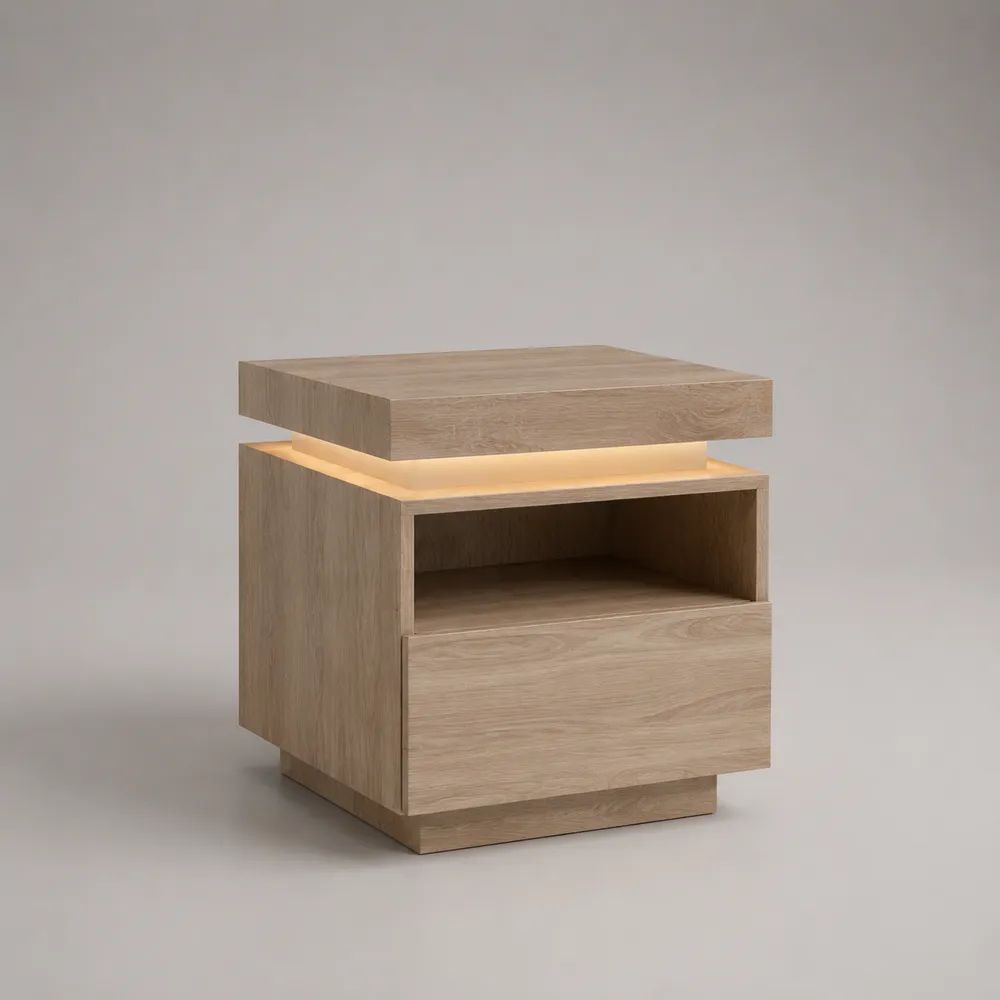 Nachttisch aus MDF mit Schublade und LED-Beleuchtung, Eiche-Natur-Optik Hellbraun/Beige, 50 × 40 × 55 cm