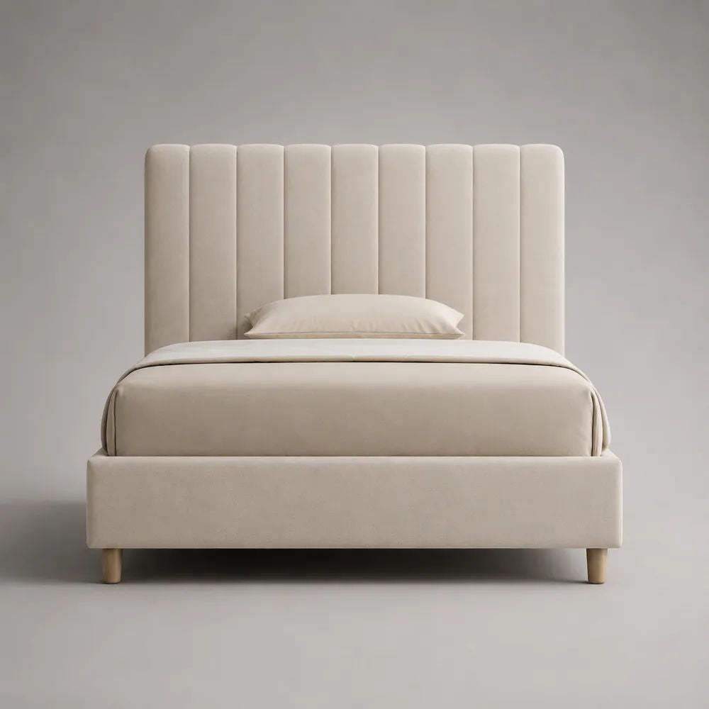 Stauraumbett 160 x 200 cm mit Lattenrost, Polyesterbezug und gepolstertem Paneelkopfteil, Creme, 176 x 216 x 132 cm
