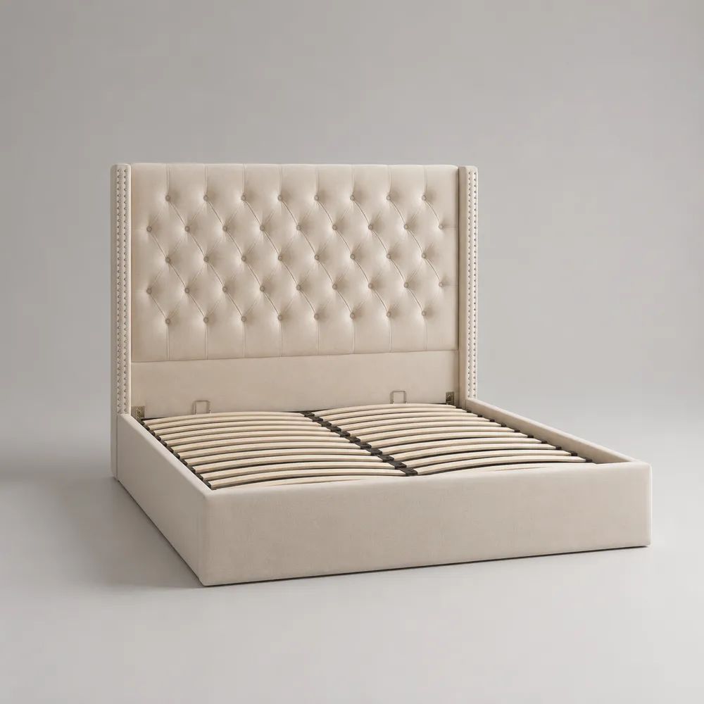 Stauraum-Polsterbett 160 x 200 cm mit Lattenrost, Polyester-Samt, Beige, Gesamtmaß 218 x 178 x 142 cm