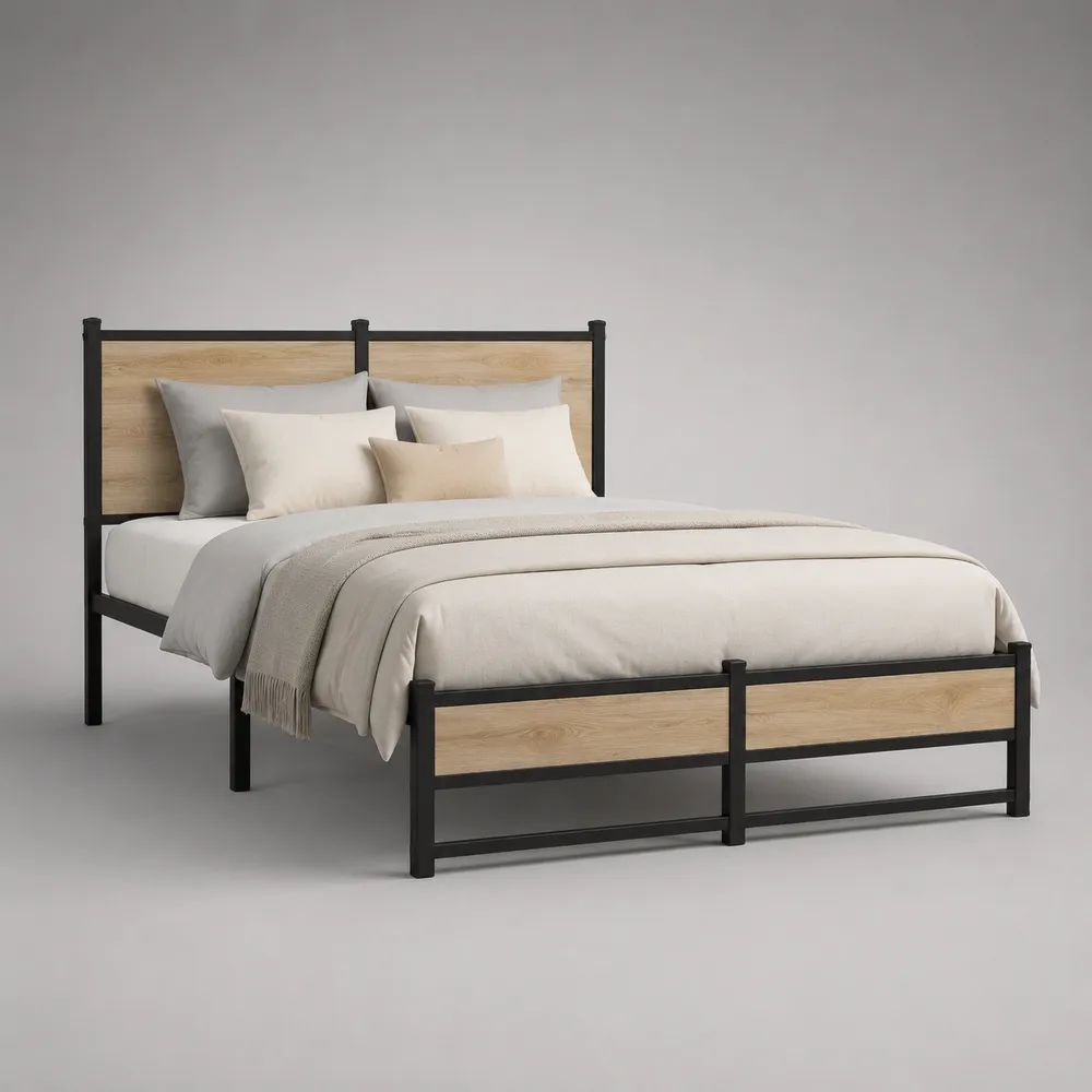 Doppelbett-Bettgestell 160 × 200 cm aus Stahl und MDF mit Kopf- und Fußteil, Schwarz/Eiche Natur