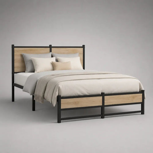 Doppelbett-Bettgestell 160 × 200 cm aus Stahl und MDF mit Kopf- und Fußteil, Schwarz/Eiche Natur