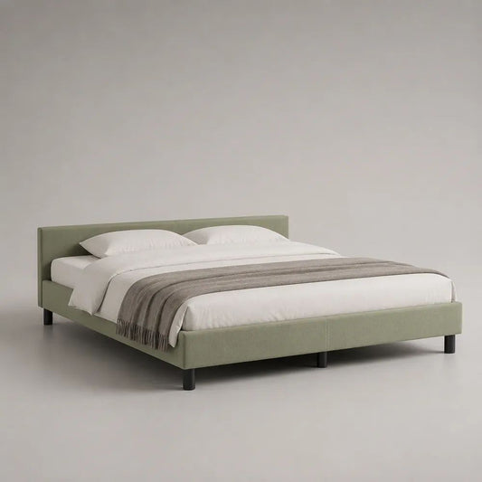Polsterbett-Doppelbett mit Kopfteil aus Polyester, Salbeigrün/Schwarz, Liegefläche 180 × 200 cm, Gesamtmaß 190 × 215 × 90 cm