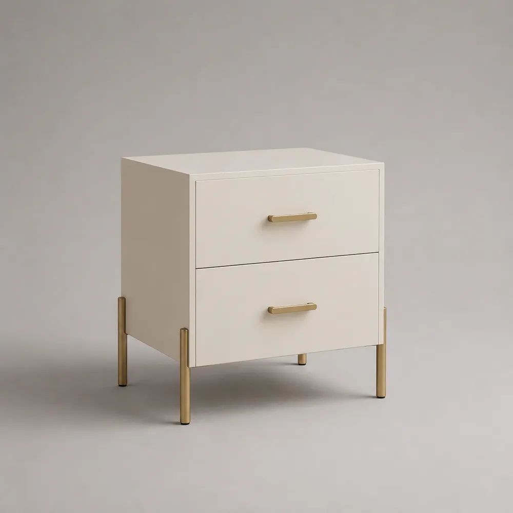 Rechteckiger Nachttisch aus MDF mit 2 Schubladen, Cremeweiß/Gold, 50 × 40 × 60 cm