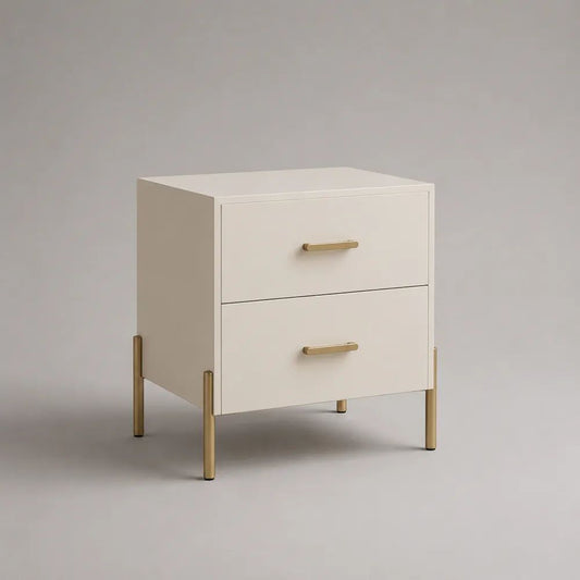 Rechteckiger Nachttisch aus MDF mit 2 Schubladen, Cremeweiß/Gold, 50 × 40 × 60 cm