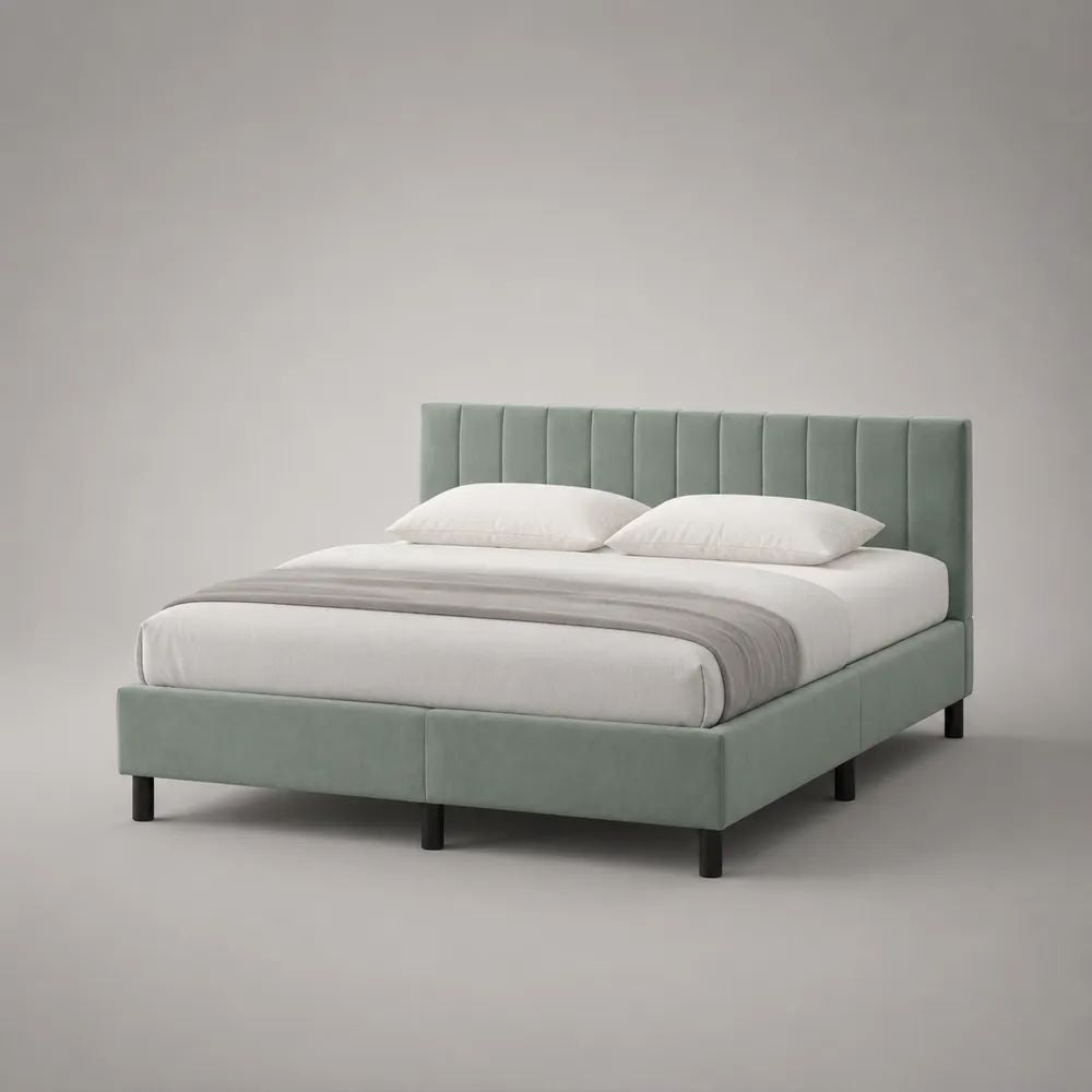 Polsterbett mit Lattenrost 160 × 200 cm, Polyester-Samtbezug, Salbeigrün