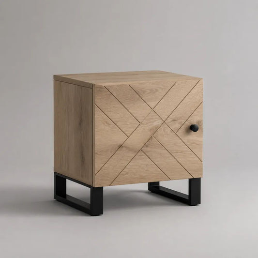 Holz-Nachttisch mit Tür und Stahlgestell, Eichefarben/Schwarz, 40 × 35 × 50 cm
