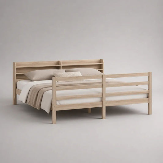 Doppelbett-Bettgestell aus Massivholz mit Rausfallschutz und Ablagekopfteil, Natur, 140 × 200 cm