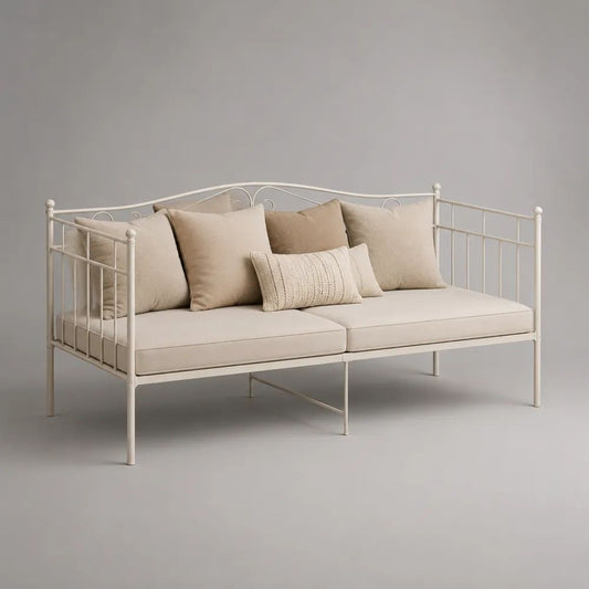 Tagesbett mit Kissenset und Stahlrahmen, Cremeweiß/Beige, Liegefläche 90 × 200 cm, Gesamtmaß 208 × 98 × 96 cm