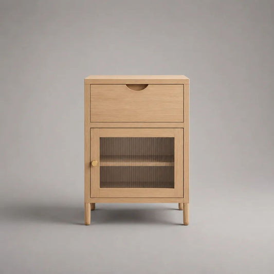 Rechteckiger Nachttisch aus MDF mit Eichenfurnier, Schublade und Glastür, Natur, 40 × 35 × 60 cm