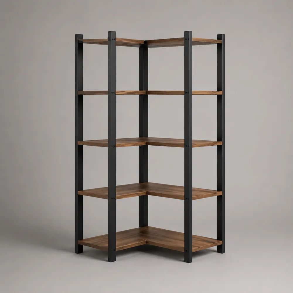 L-förmiges Eckregal mit 5 Ebenen aus massivem Kiefernholz und pulverbeschichtetem Stahl, Braun/Schwarz, 90 × 90 × 180 cm