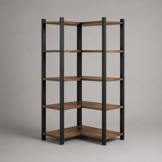 L-förmiges Eckregal mit 5 Ebenen aus massivem Kiefernholz und pulverbeschichtetem Stahl, Braun/Schwarz, 90 × 90 × 180 cm