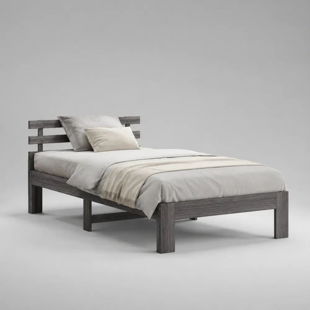 Einzelbett aus massivem Kiefernholz mit Lattenrost, Grau, Liegefläche 90 x 200 cm, Gesamtmaße 208 x 98 x 90 cm