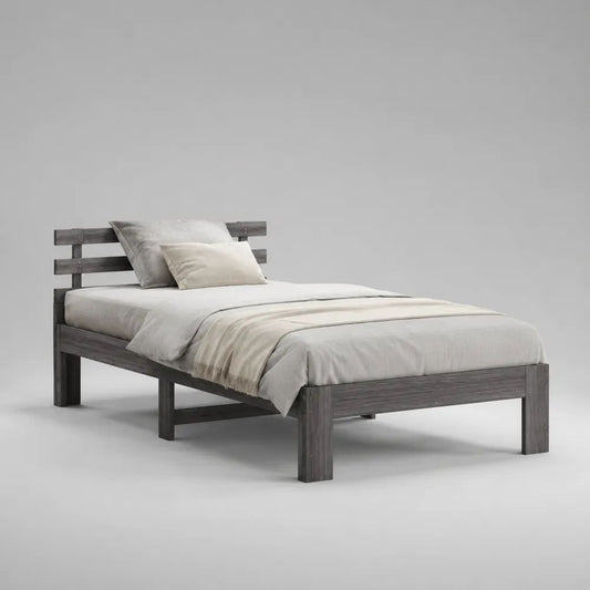 Einzelbett aus massivem Kiefernholz mit Lattenrost, Grau, Liegefläche 90 x 200 cm, Gesamtmaße 208 x 98 x 90 cm
