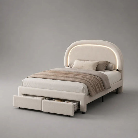 Polsterbett 160 x 200 cm mit 2 Schubladen, Lattenrost und bogenförmigem LED-Kopfteil, Polyester, Creme/Schwarz