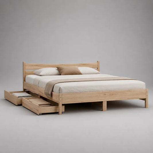 Doppelbett mit 2 Schubladen aus Kiefer-Massivholz, Natur, Liegefläche 180 x 200 cm, Gesamtmaß 208 x 188 x 90 cm