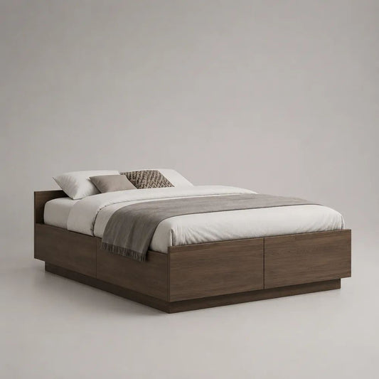 Stauraumbett 160 × 200 cm aus MDF mit Walnussfurnier, 208 × 168 × 78 cm, Dunkelbraun